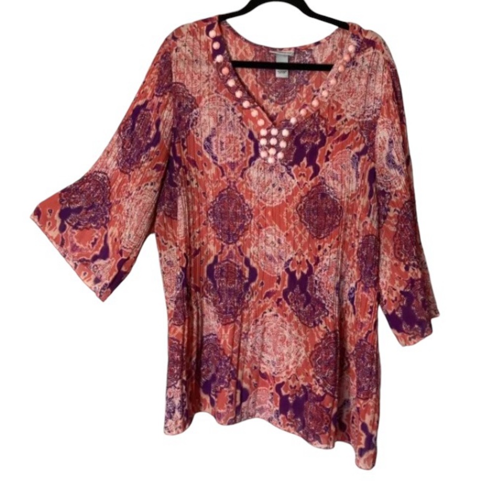 Catherine’s Womens Blouse Top 2X Tunic Paisley Pink Pleats Fairy Flowy Feminine